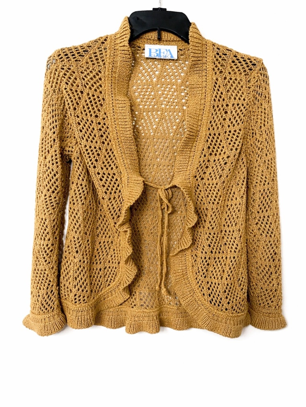 BFA Classic Tan Open Knit Tie Front Cardigan Petite Small Boho Feminine.